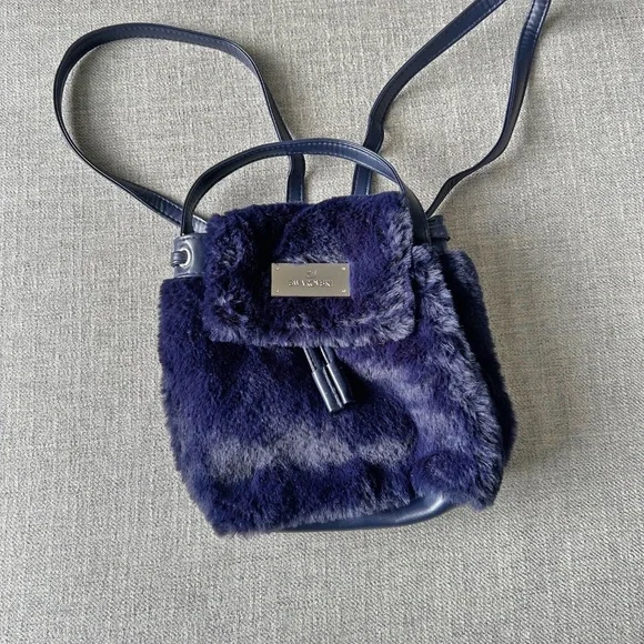 Swarovski faux fur mini backpack purse handbag, dark blue, adjustable straps - Picture 1 of 8
